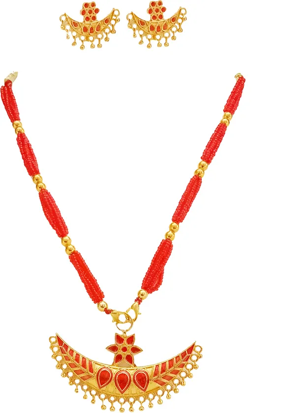 Assamese_Traditional_Gold_Plated_Red_Colour_Joonbiri_Tassel_Jewellery_Set_For_Women